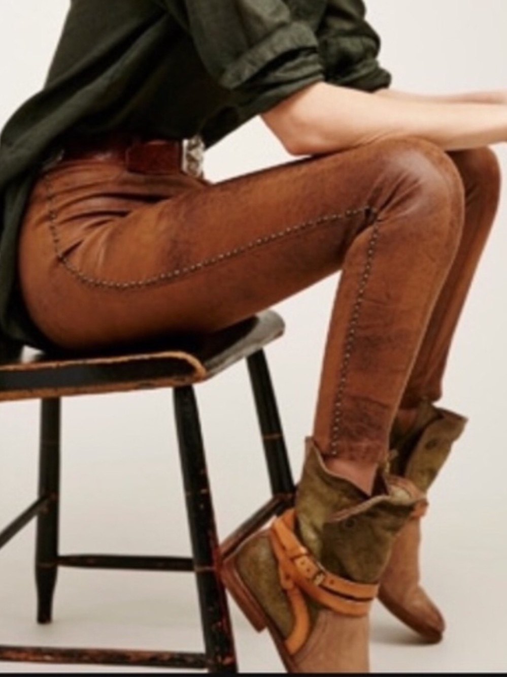 Free People Vegan Faux Leather Pants Distressed Brown Studded Size 4